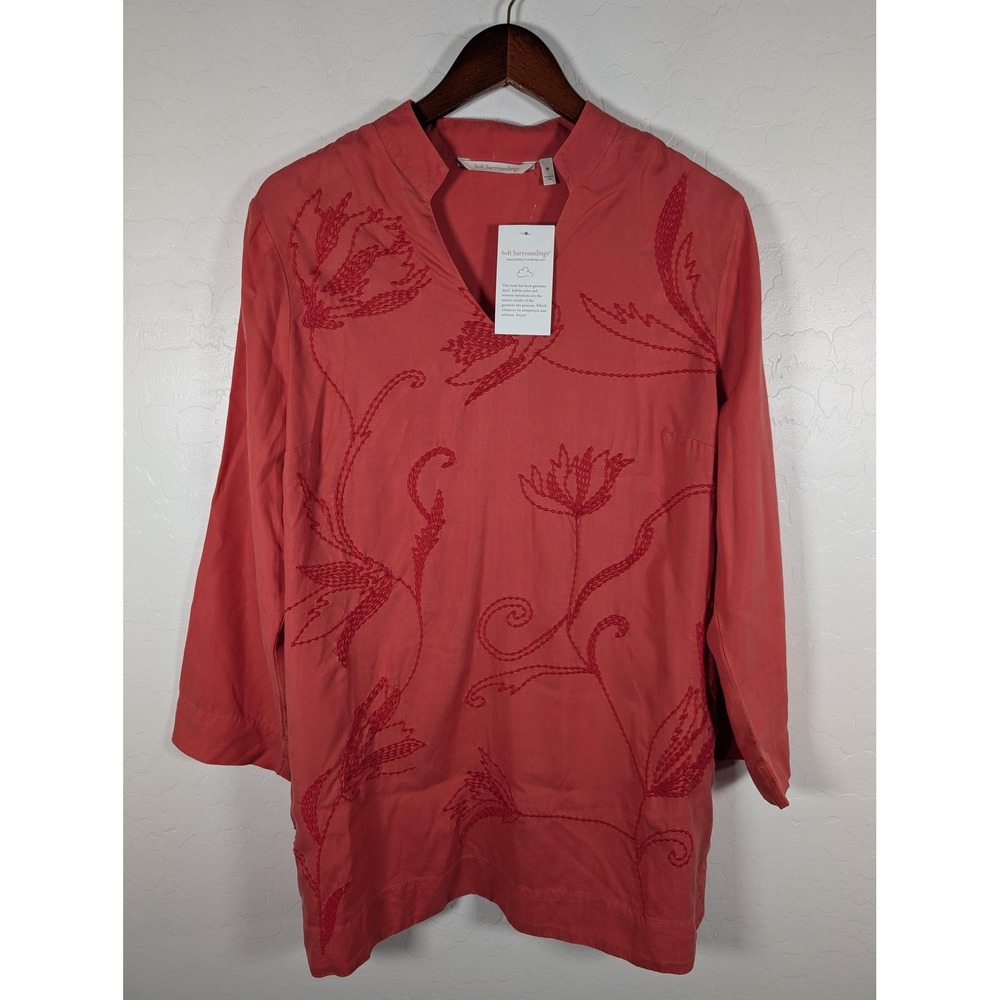 Soft Surroundings Shirt Womens Medium Pink Embroidered Floral‎ Tunic Top Boho